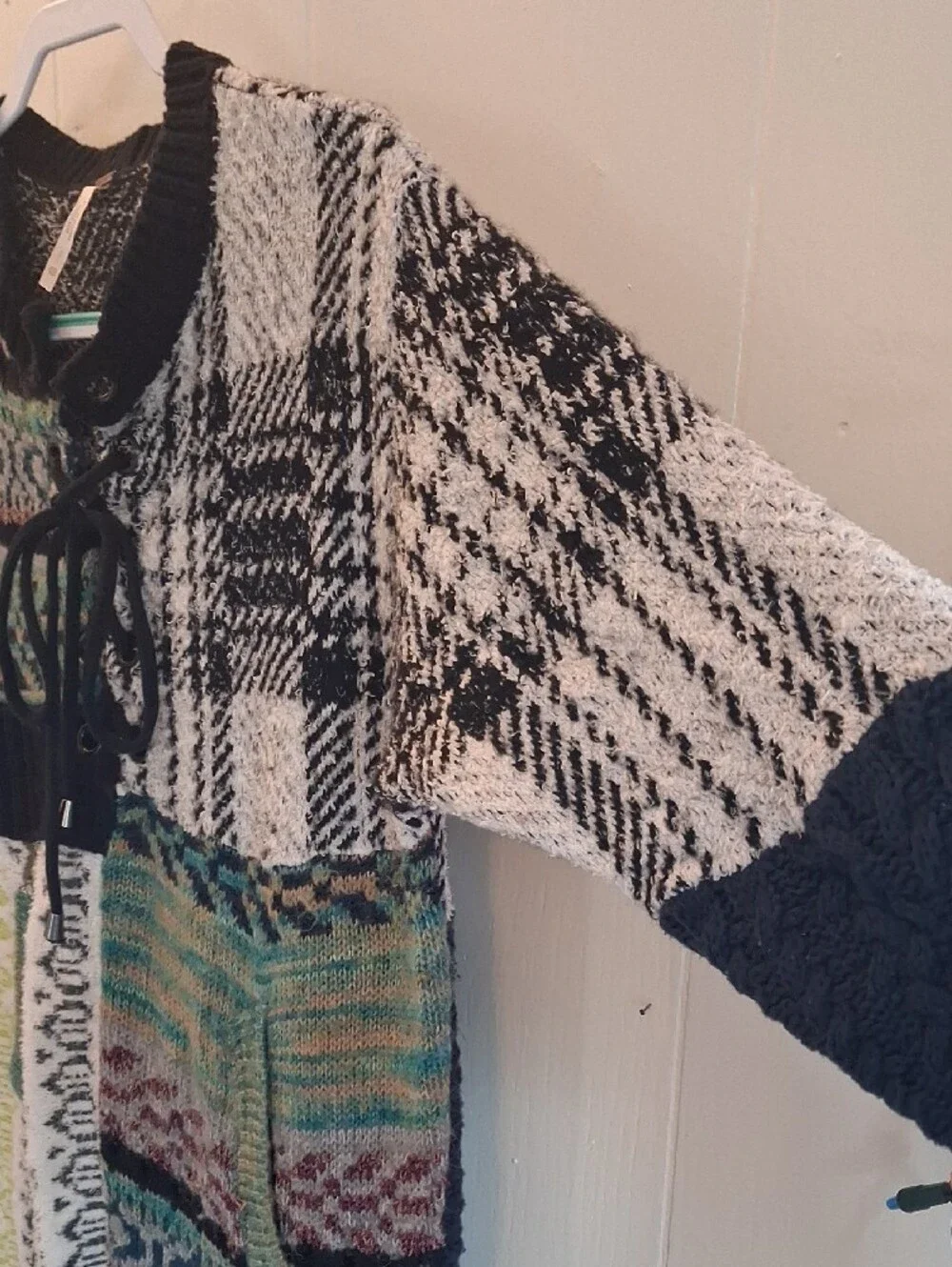 Free People Multi-Pattern Multi Color Patchwork Lace-Up Sweater Dress